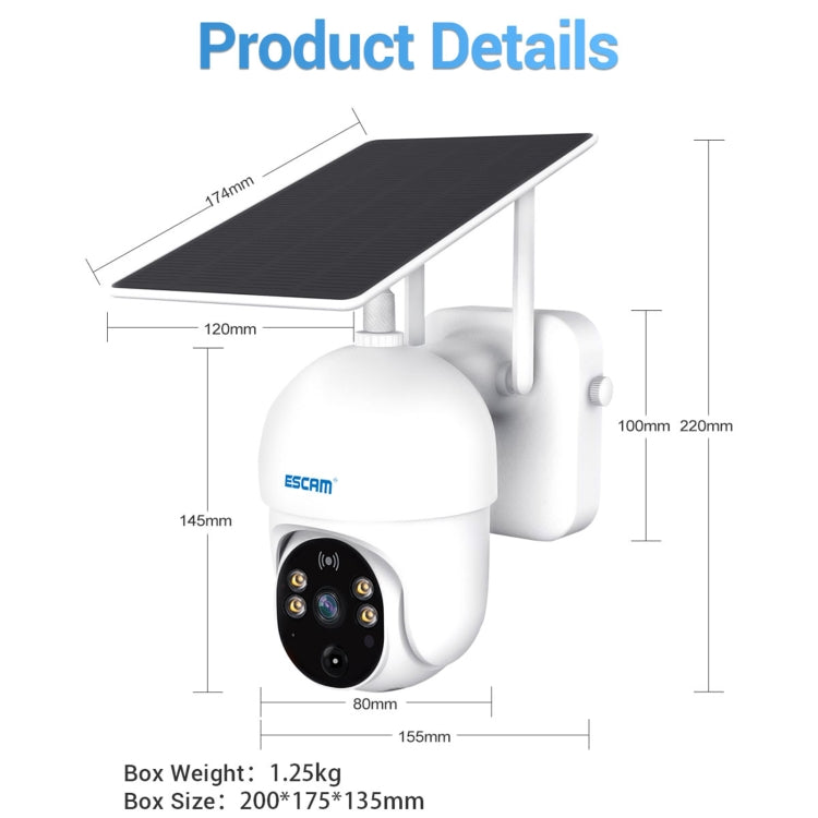ESCAM QF255 2.0 Million Pixels 1080P HD WiFi Solar Camera, Support Two-way Voice & PIR Motion Detection & Night Vision & TF Card, QF255 ESCAM QF255 2.0 Million Pixels 1080P HD WiFi Solar Camera, Support Two-way Voice & PIR Motion Detection & Night Vision & TF Card, QF255